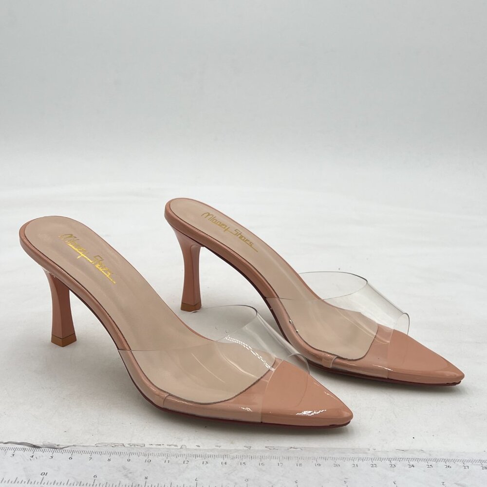 Milooey Nude Clear High Heel Mules Open Pointed Toe Slide Sandals Cute Shoes